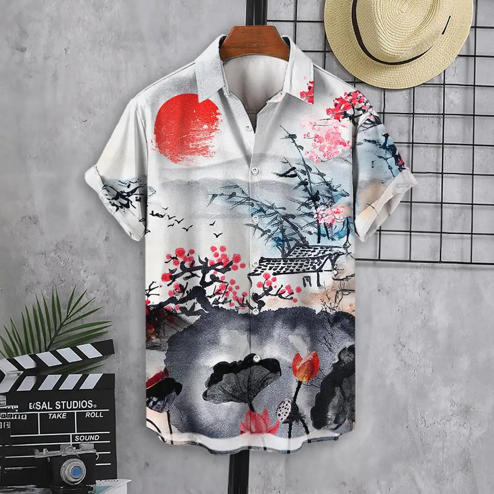 Camisa havaiana masculina de verão, estampada digital, estilo chinês, com flores de ameixa, refrescante camisa casual de manga curta, nova, 2024