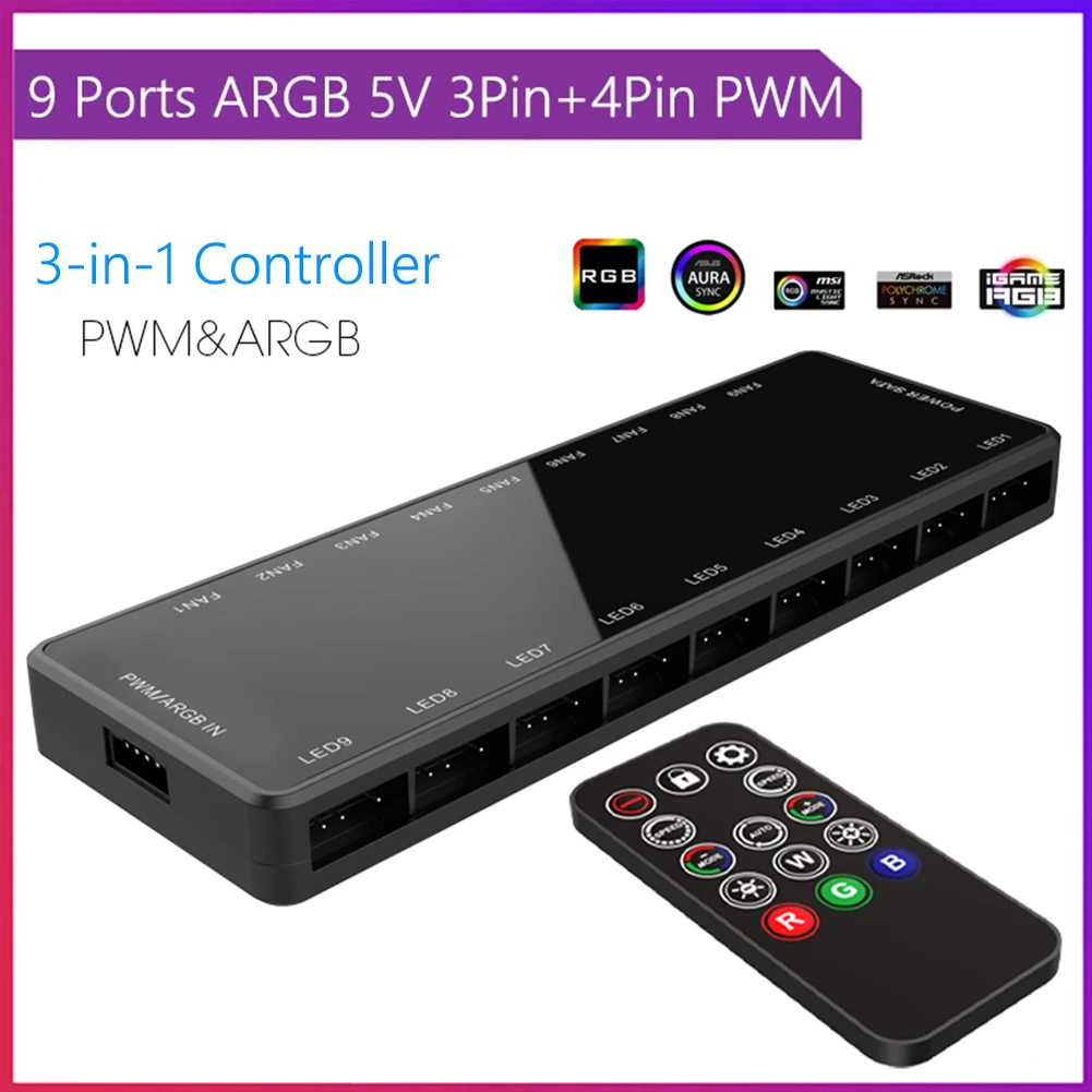 ARGB Controller 4Pin PWM 5V 3Pin ARGB Kühlventilator-Hub 1 zu 9 Port Splitter mit Fernbedienung – Perfekte Lösung für individuelle Lichteffekte im PC-Case