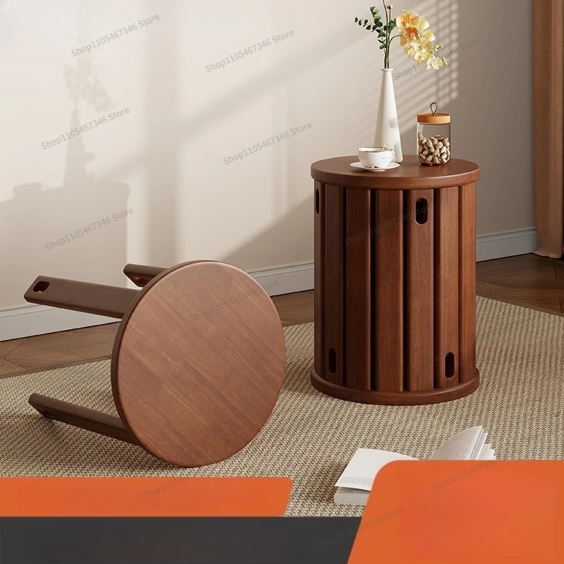 For Household Stool, Stackable Solid Wood Round Stool, New Chinese Low Stool with Pulley Wooden Stool
