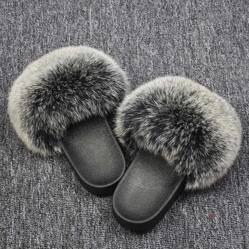 Fluffy Sliders Real fox Fur Slippers Women Home Comfort Furry Summer Flats Sweet Ladies Shoes Female Furry Indoor Flip Flops