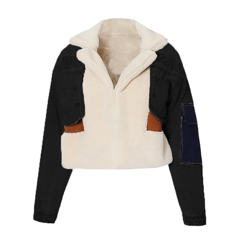 Chaqueta vaquera corta de lana de cordero para mujer, Parkas holgadas con solapa, abrigo elegante de manga larga grueso, Tops cálidos de invierno, novedad de 2024