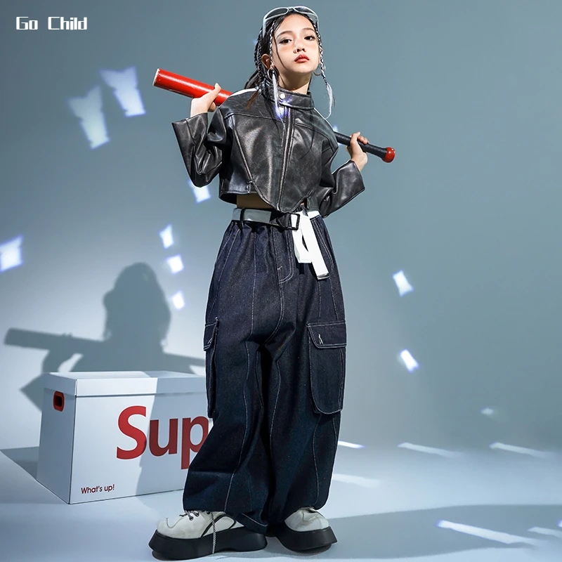 Girls Hip Hop Leather Jacket Vest Loose Jeans Child Street Dance Crop Coat Jazz Denim Pants Clothes Set Kids Streetwear Costumes