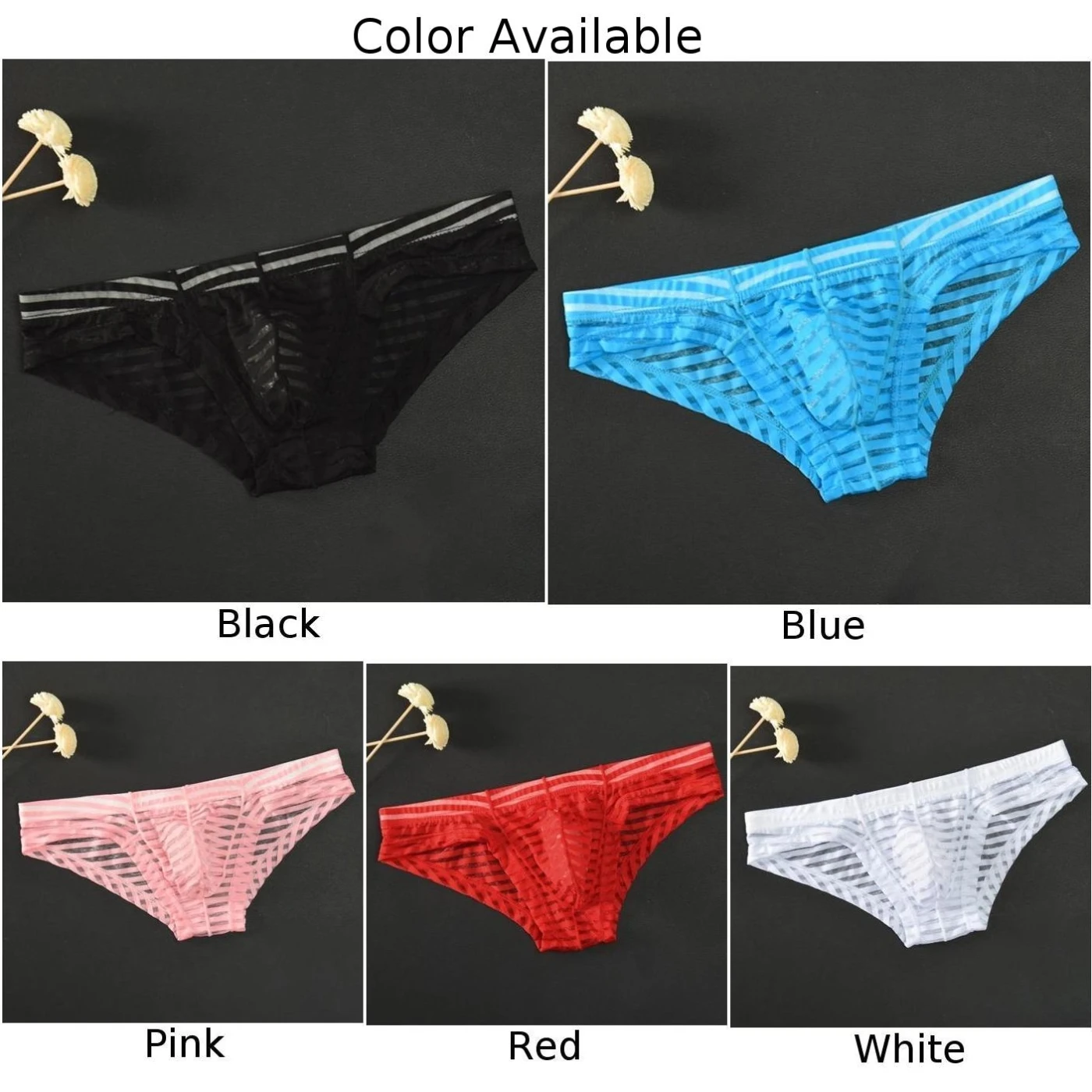 Men Sexy Sheer Mesh Perspective Briefs Horizonal Striped Breathable Panties Low Waist See Through Underpants Bikini Underwear