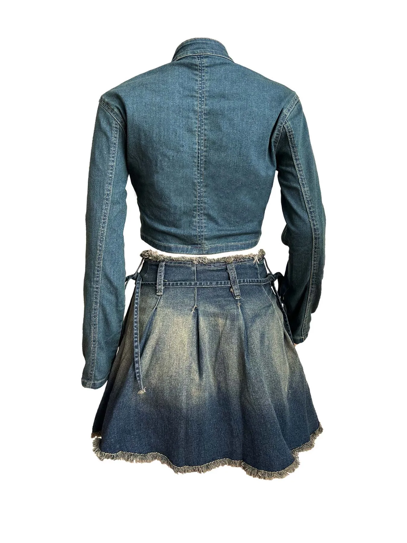 Women'S Embroidered Stretchy Denim Jacket And Ruffle Denim Skirt Set Casual Two-Piece Set Streetwear Pleated Skirt Jackets Set