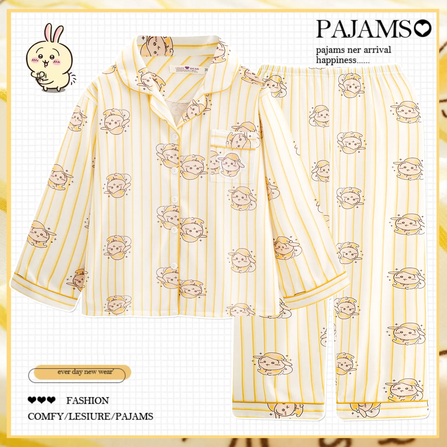 2Pcs Chiikawa Women Pajama Set Cartoon Girls Print Loose Lapel Long Sleeve Pants Soft Cotton Kawaii Anime Student Sleepwear