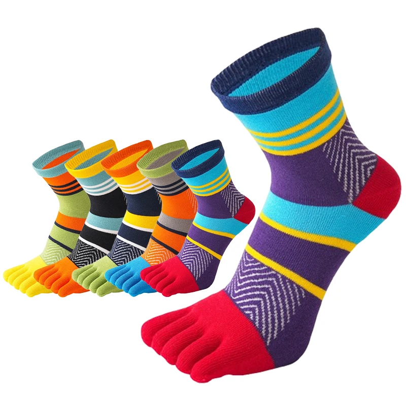 

5 пар мужских спортивных носков с разноцветными полосками, 100% хлопок, влагоотводящие, для велоспорта на открытом воздухе, всесезонные, средней длины