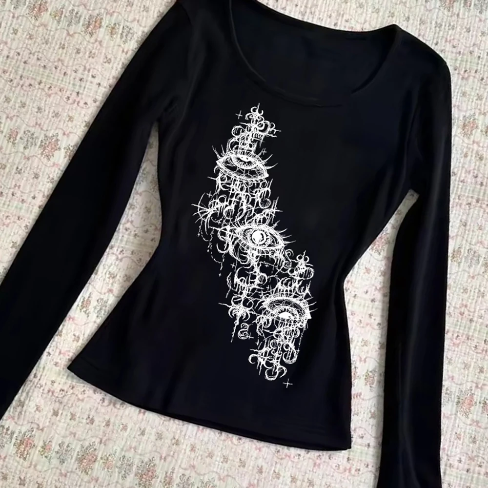 Doux fleur graphique femmes t-shirts hauts Emo filles Sexy à manches longues gothique Punk imprimé à manches longues t-shirts vêtements de mode 2000s Kawa
