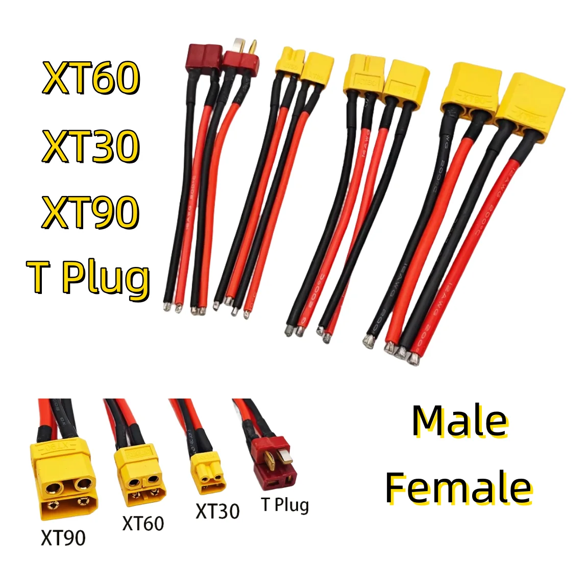 

XT60 XT30 T XT90 TRX EC3 EC5 plug Connector Male / Female Connector plug with 14 /16AWG Silicone Wire 100mm for RC Battery Cable