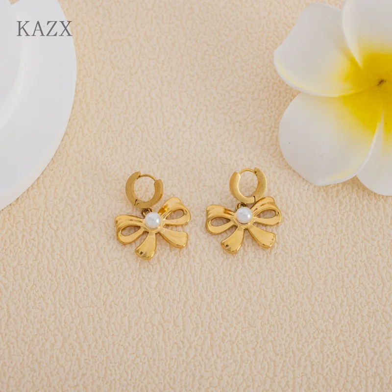 Stainless Steel Bowknot Pearl Huggie Hoop Earrings Waterproof Imitation Pearl Bow Drop Earring For Women French Gift