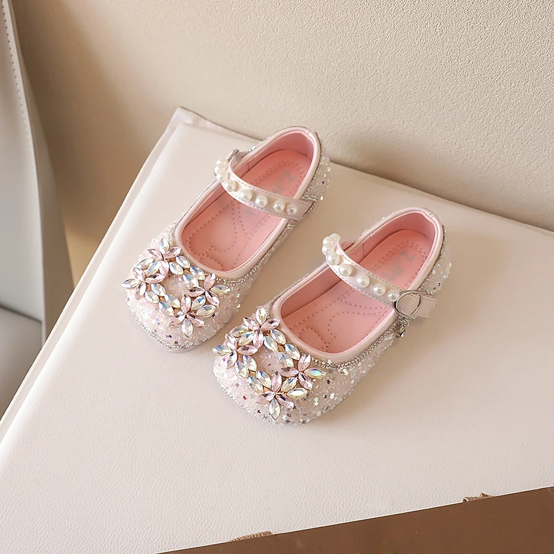 Girls Rhinestone Leather Shoes 2024 Spring New Baby Crystal Princess Shoes Fashion Children's Casual Shoes