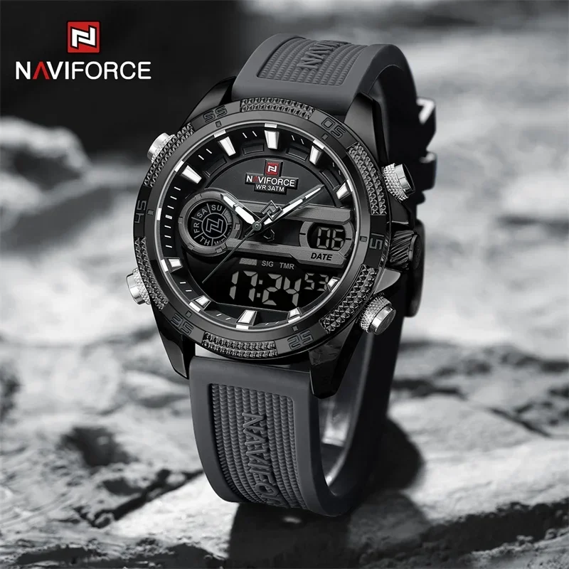 NAVIFORCE кварцевые часы для мужчин силиконовый браслет спортивные наручные часы водонепроницаемые будильник аналоговые цифровые часы Reloj Hombre