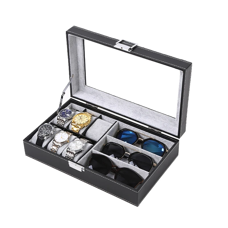 6+3 Slots PU Leather  Watch Sunglass Organizer  Box Display Holder Cases Multifunctional and Effective Storage For Men And Women