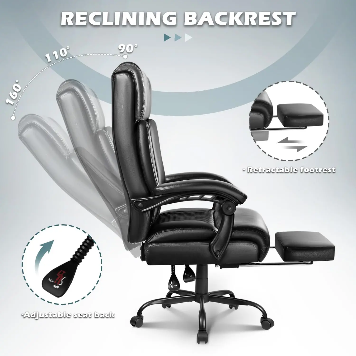 كرسي مكتب تنفيذي كبير وطويل مع مسند للقدمين، 400 رطل، كرسي جلدي مريح باللون الأسود