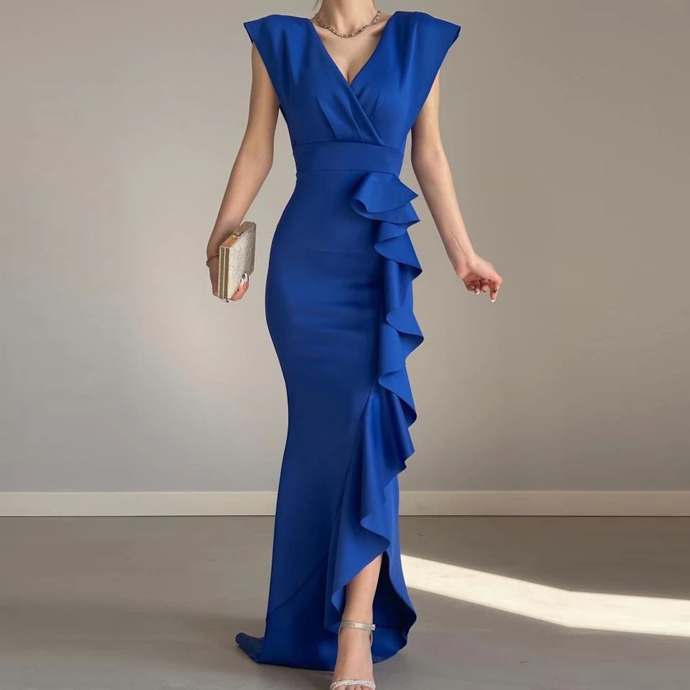 

ROSELLA V-Neck Ruffles Cap Sleeves Women Party Evening Dress Floor Length Pleated Mermaid Satin Gown New 2023