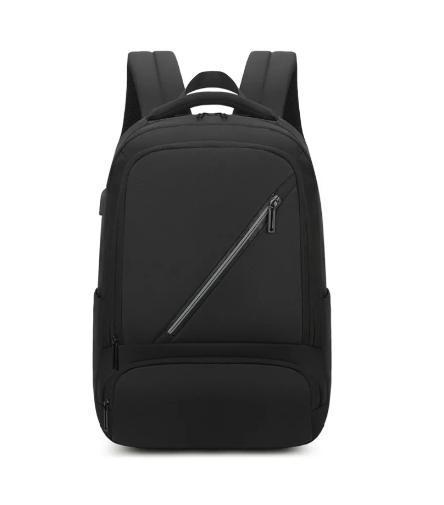 Black slim laptop backpack with diagonal zipper anti splash side pockets for office daily work short travel