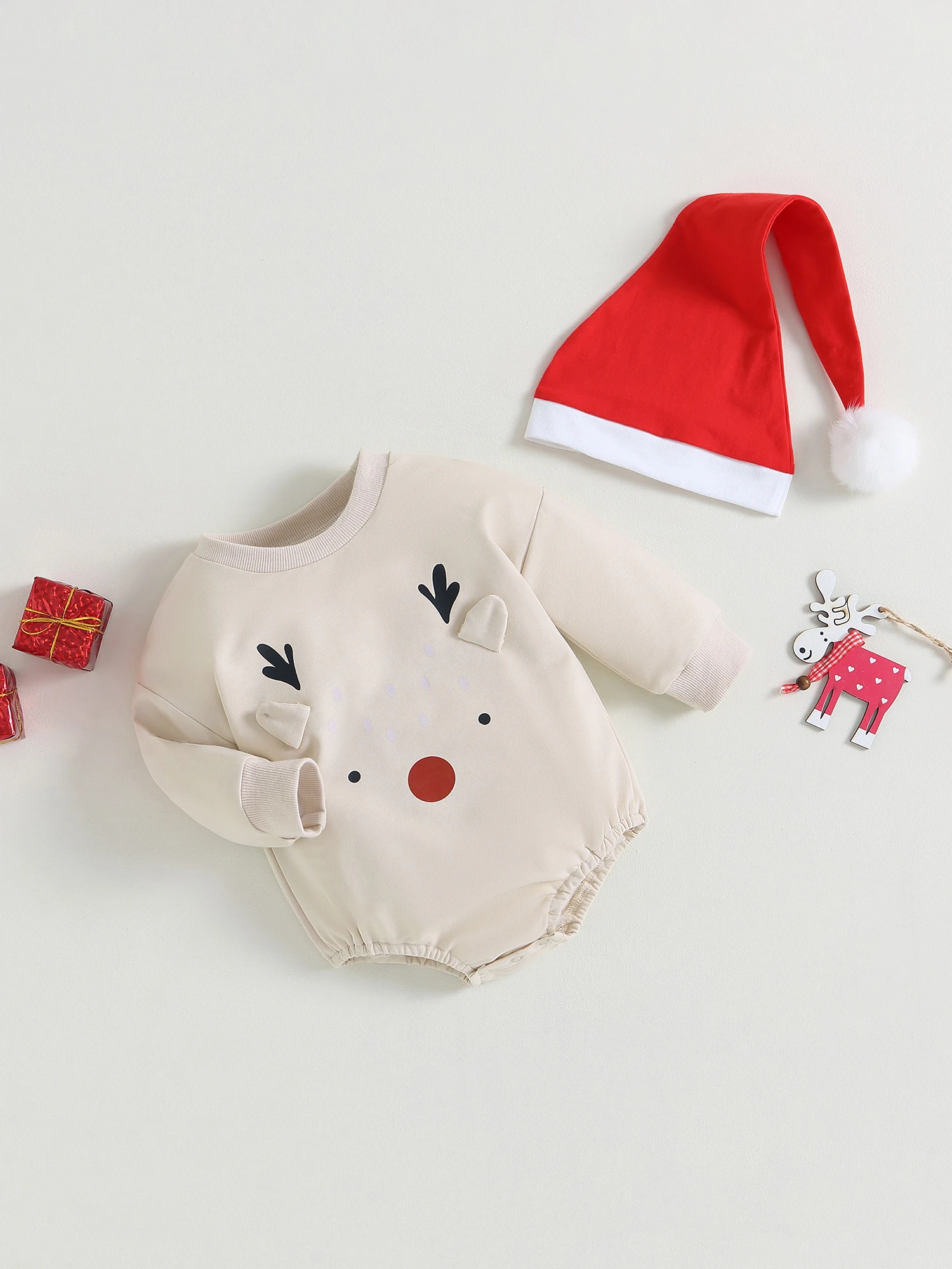 Cute Santa Claus Print Jumpsuit with Matching Hat Festive 2-piece Christmas Outfit for Infant Boys and Girls