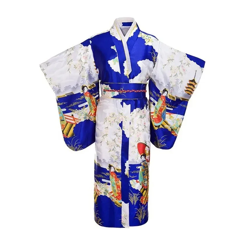 Lake Blue National Trends Women Sexy Kimono Yukata With Obi Novelty Evening Dress Japanese Cosplay Costume Floral One Size