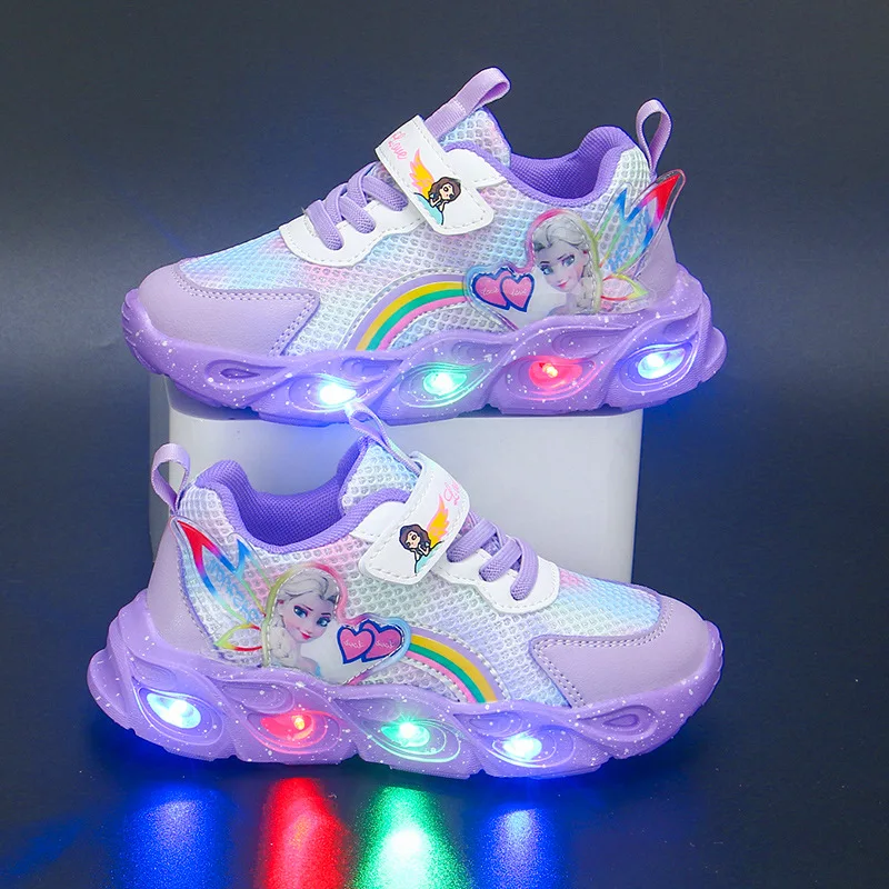 New 2024 Disney LED Casual Sneakers for Spring Girls Frozen Elsa Princess Print Pu Leather Shoes Children Lighted Non-slip