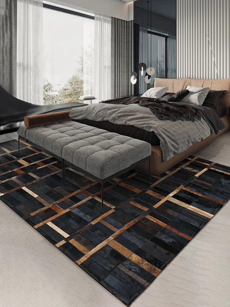 

Modern Simple Black Gold Carpet Living Room Real Cowhide Handmade Area Rug Home Floor Large Rug Customize Luxury Decor Bedroom