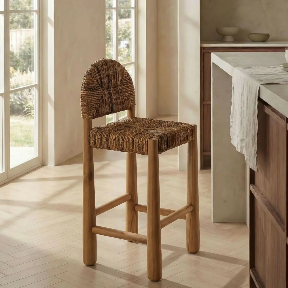 Solid Wood Bar Stool with Woven Sea Grass Backrest Retro Style High Counter Stool for Home Bar & Cafe