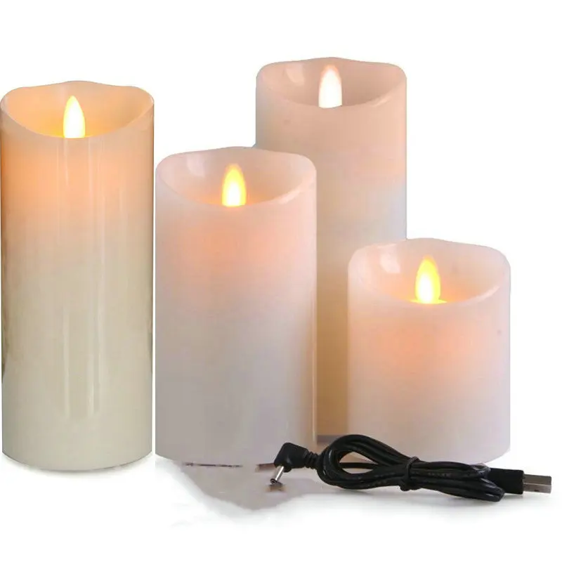 

USB powered Rechargeable Led pillar Paraffin candle wavy edge moving wick Wedding Xmas Party Home Decoration 7.5CM(Dia.)-Amber