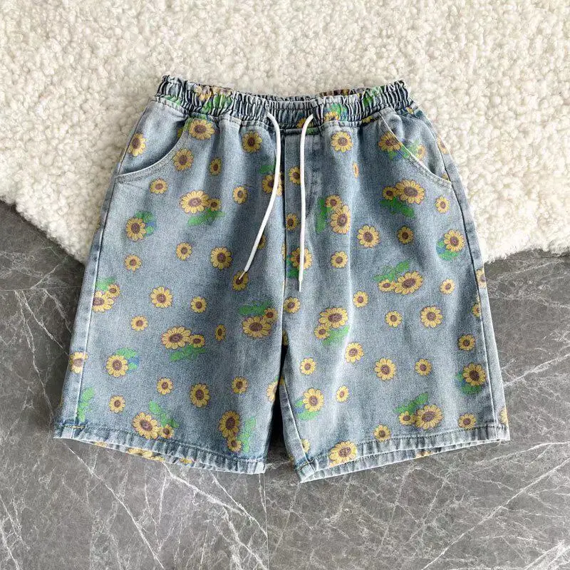 

Retro Floral Print Shorts Men Women Summer Drawstring Loose Casual Wide Leg Denim Shorts Versatile Half Short Pants