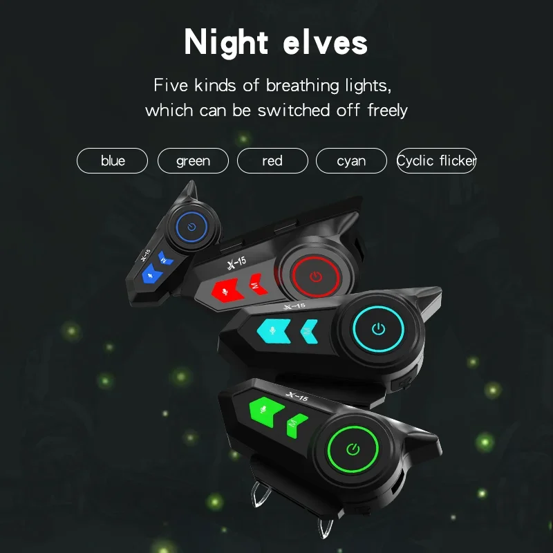 X-15 Bluetooth 5.0 Motorcycle Helmet Headset 1200mAh Battery Wireless Handsfree Stereo Earphone With Ambient Light Headphones