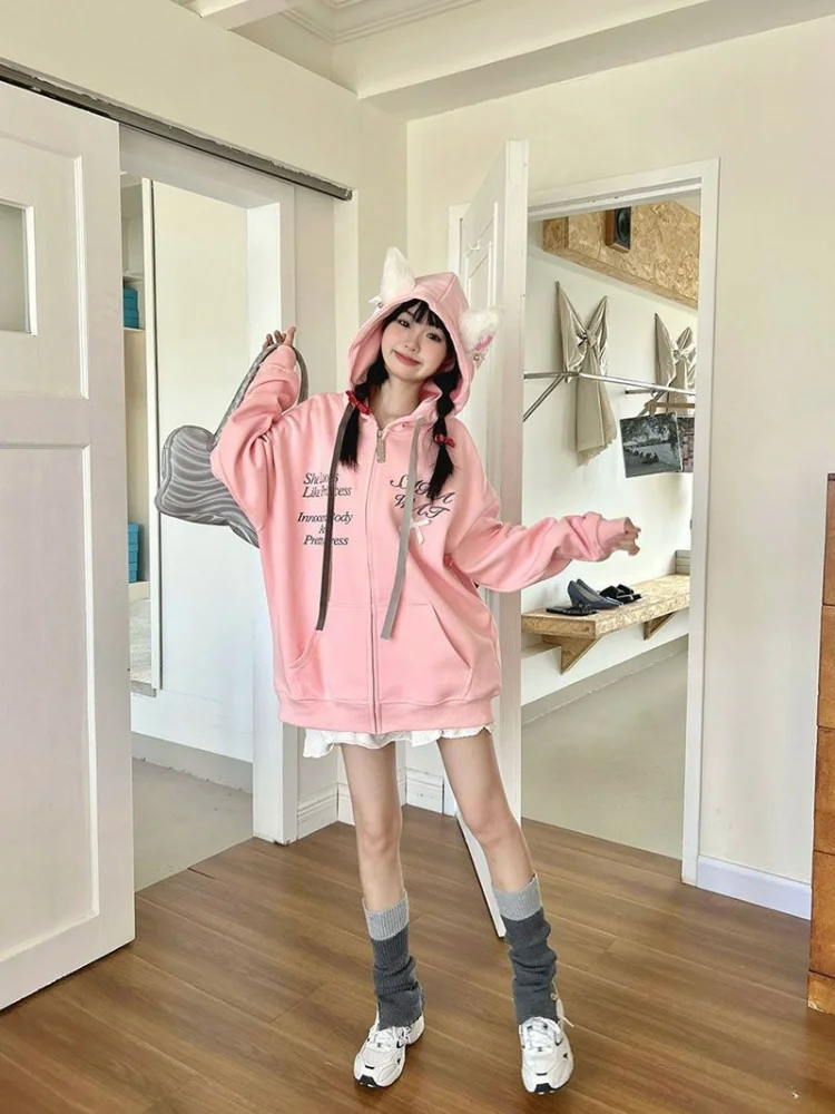 Deeptown Y2K Embroidered Pink Bow Design Sense Loose Hooded Zipper Cardigan Loose Cute Cat Ears Harajuku Casual Coats 2024
