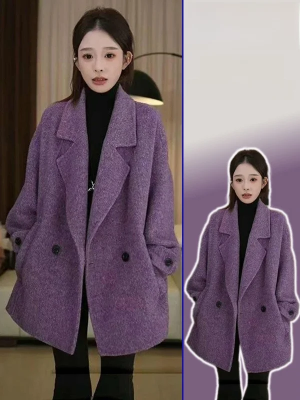 

Женское модное твидовое пальто больших размеров, двубортное, элегантное, весенне-осеннее, с длинными рукавами, воротником-стойкой, стандартного кроя