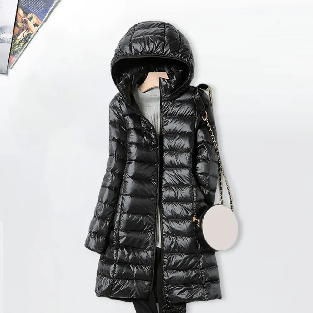 

Women Winter Coat Thickened Padded Winter Down Coat with Plush Hood Storage Bag Windproof Mid Length for Outwear for Weather