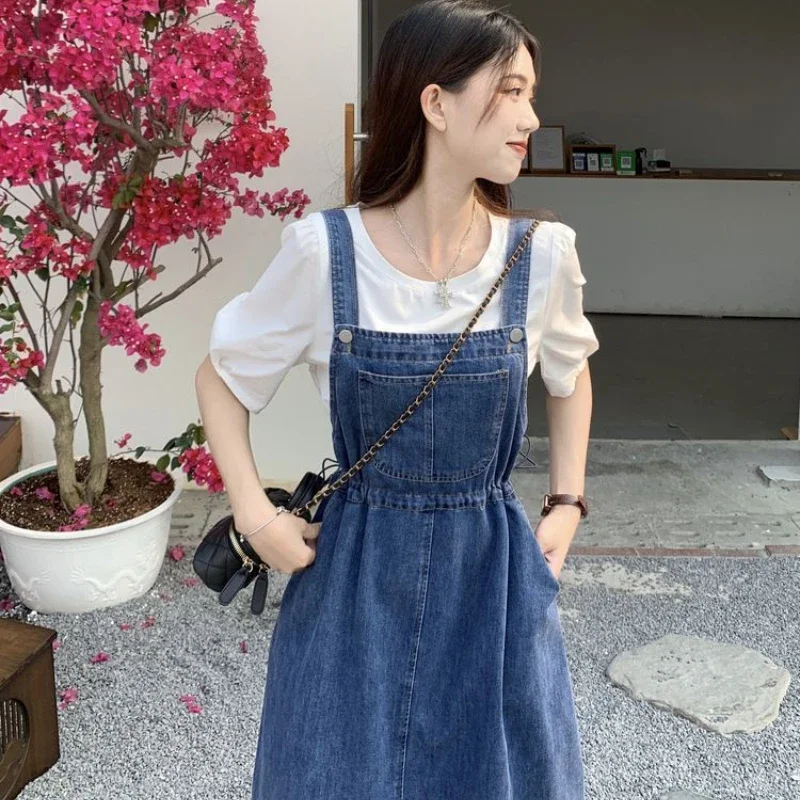 2024 Fashion Women Denim Suspender Skirt Spring Summer Causal Strap Skirt Female High Waist A-line Solid Lace-up Women Skirt