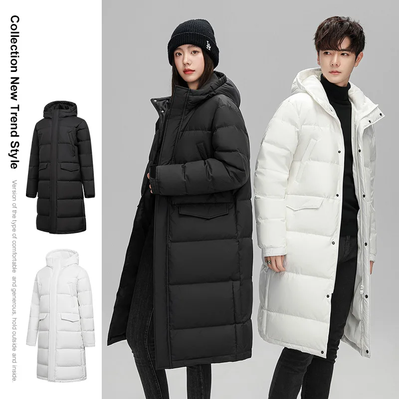 سترة بيضاء مبطنة أسفل طويلة فوق الركبة، منتج شتوي جديد، سترة سميكة دافئة بلون سادة للرجال والنساء