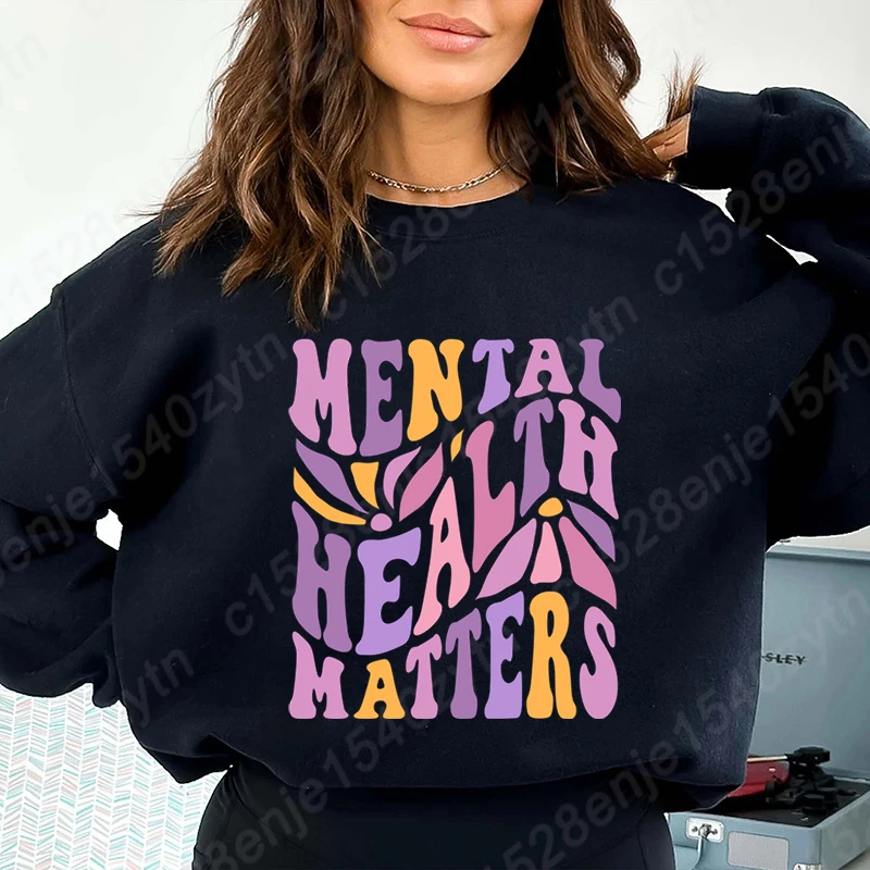 Moda feminina topos flor cuidados de saúde mental imprimir em torno do pescoço pullovers esporte casual ao ar livre manga longa moletom sem capuz