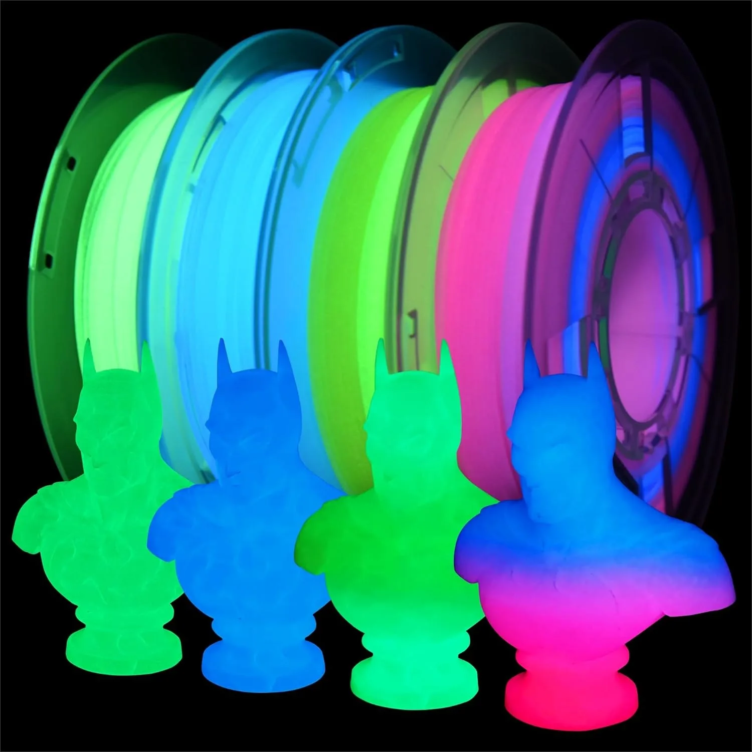 

Glow in The Dark 3D Printer Filament Bundle Multicolour Blue Red Yellow Green PLA 1.75mm Luminous 4 Spools