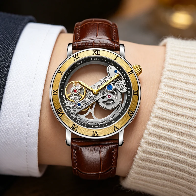 Orologio meccanico moda uomo orologi trasparenti SHENHUA automatico meccanico scheletro orologi cinturino in pelle Relogio Masculino
