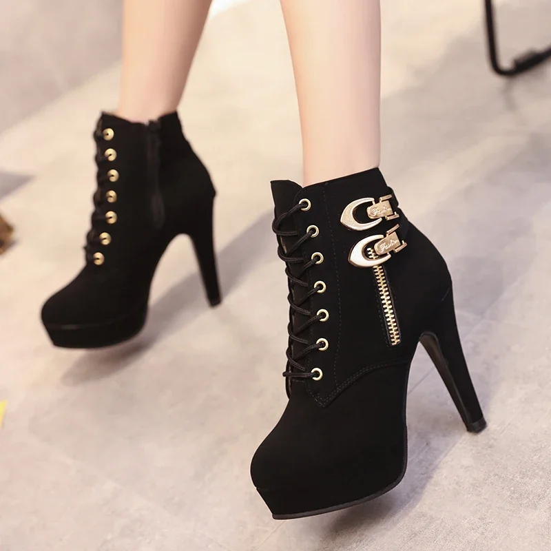 Botines de talla grande con plataforma para mujer, zapatos de tacón alto con cordones, botas cortas con hebilla, calzado informal, envío directo 58