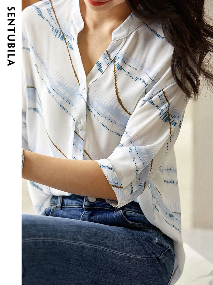 SENTUBILA Casual Loose Chiffon Blouse Shirts for Women 2024 Summer V-Neck Three Quarter Sleeve Single Breasted Fashion Shirts