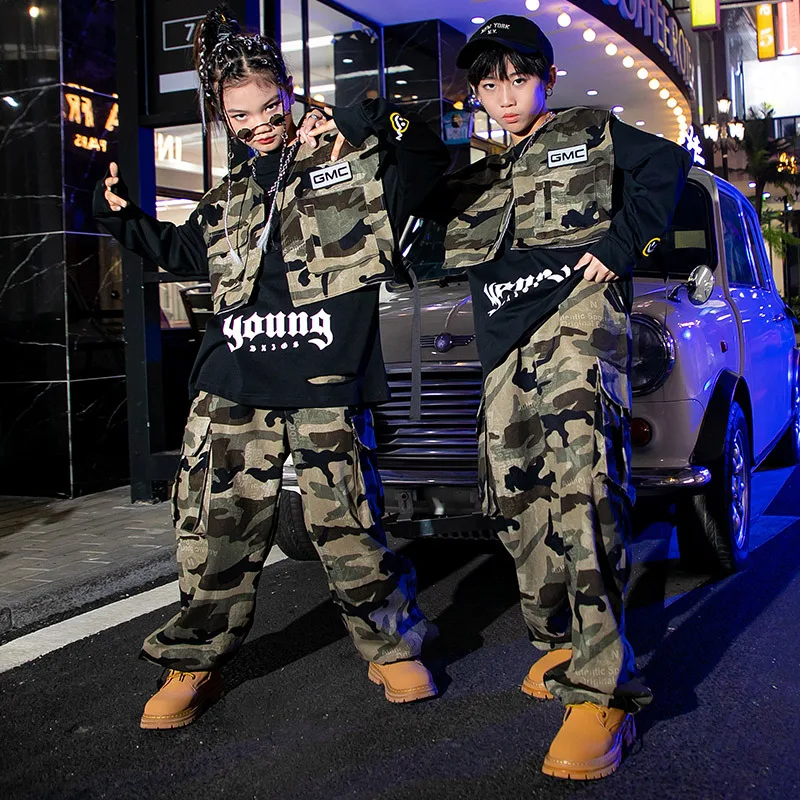 Meninas hip hop camuflagem colete calças de carga crianças militar jogger dança rua crianças traje adolescente meninos streetwear outfit