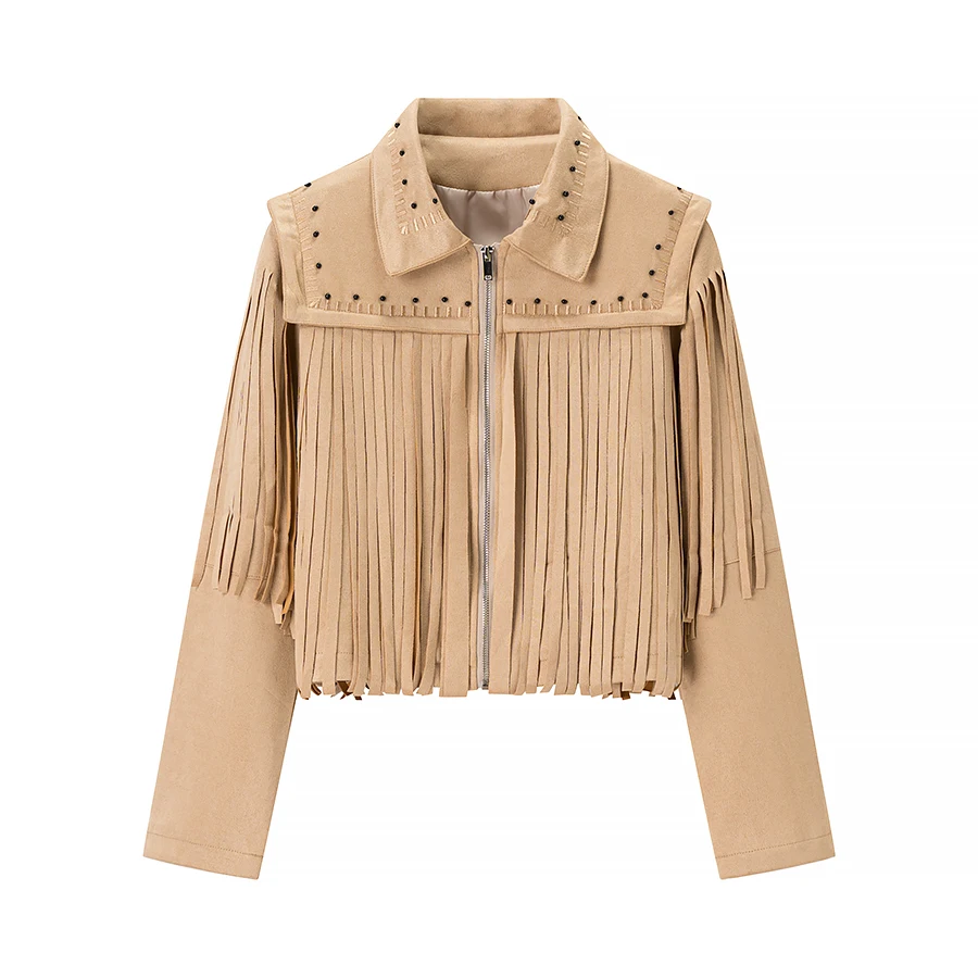 

Women's Casual Retro Tassels Beading Short Jacket Loose Solid Lapel Full Sleeve Zipper Coats Spring High Street Fashion 2025
