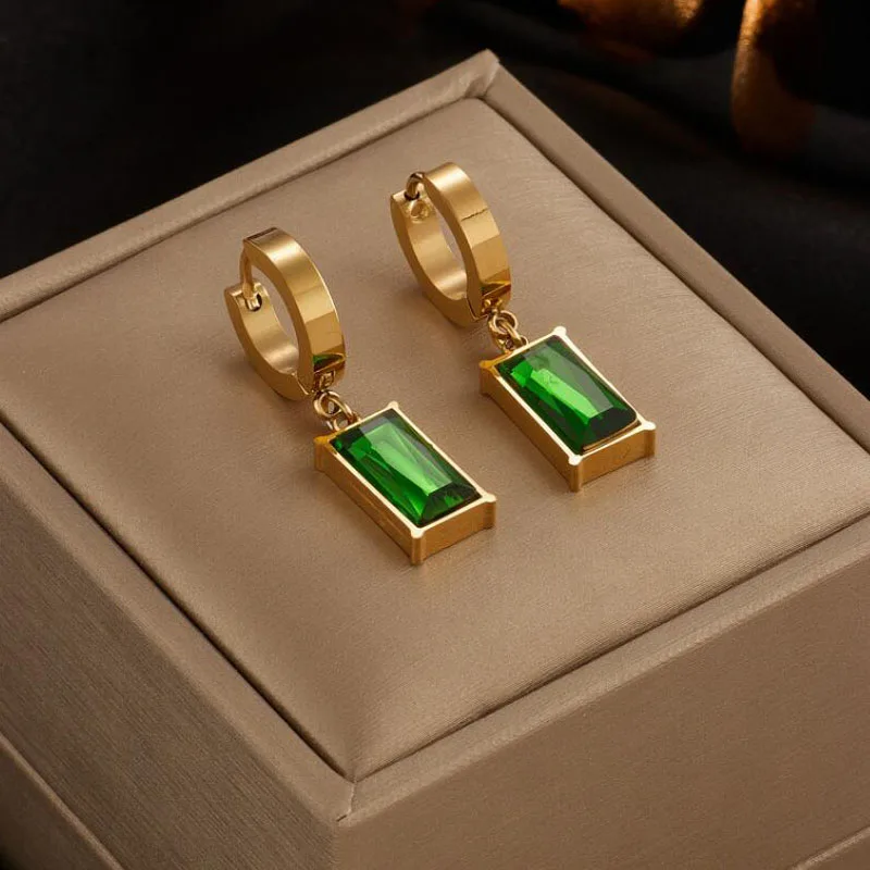 Stainless Steel Geometric Pendant Green Zircon Stone Necklaces Earrings For Women Vintage Wedding Choker Jewelry Set Gift