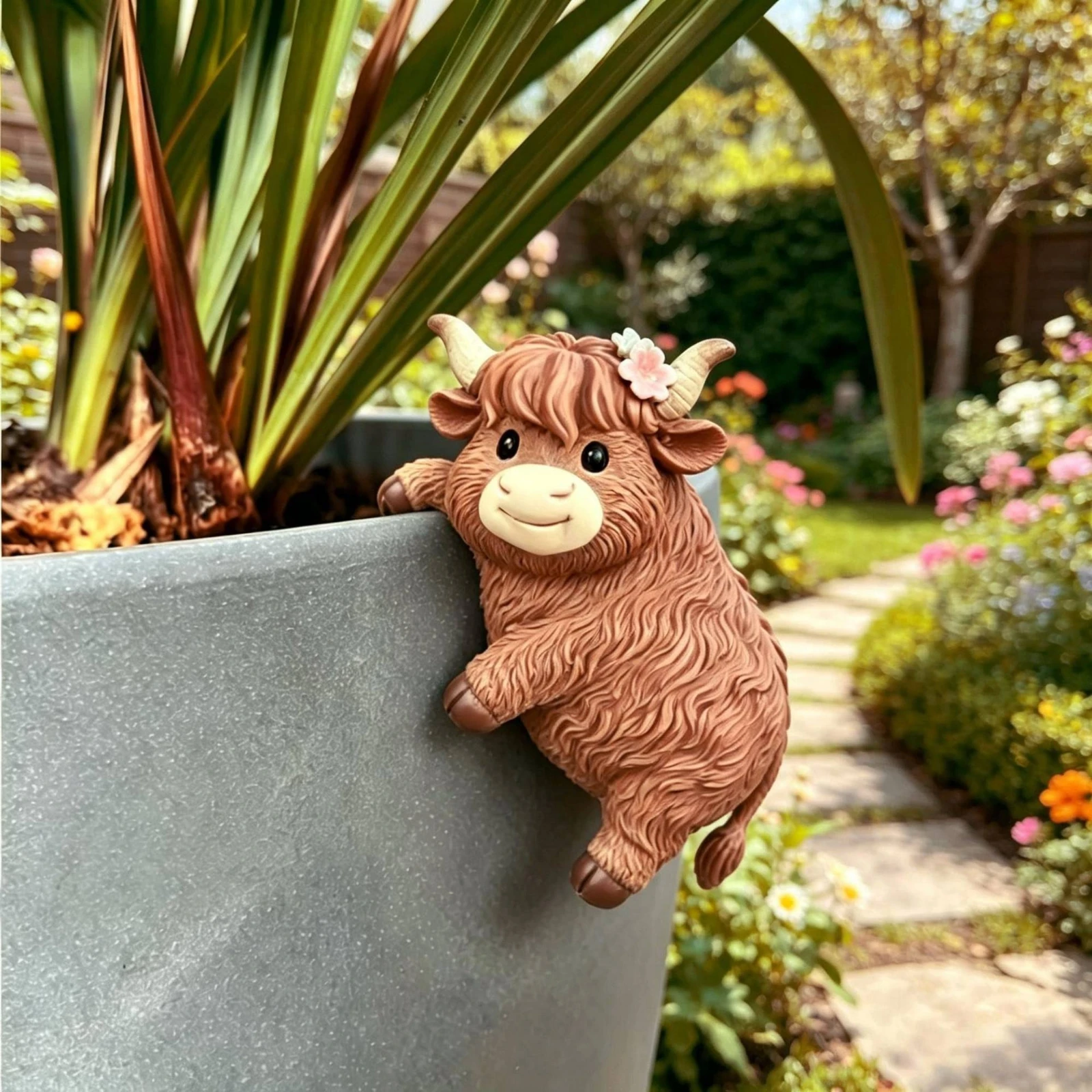 Highland Cow Pot Hanger Resin Cow Planter Ornament Plant Pot Hanger Textured Plant Decoration Sculpted for Gardeners