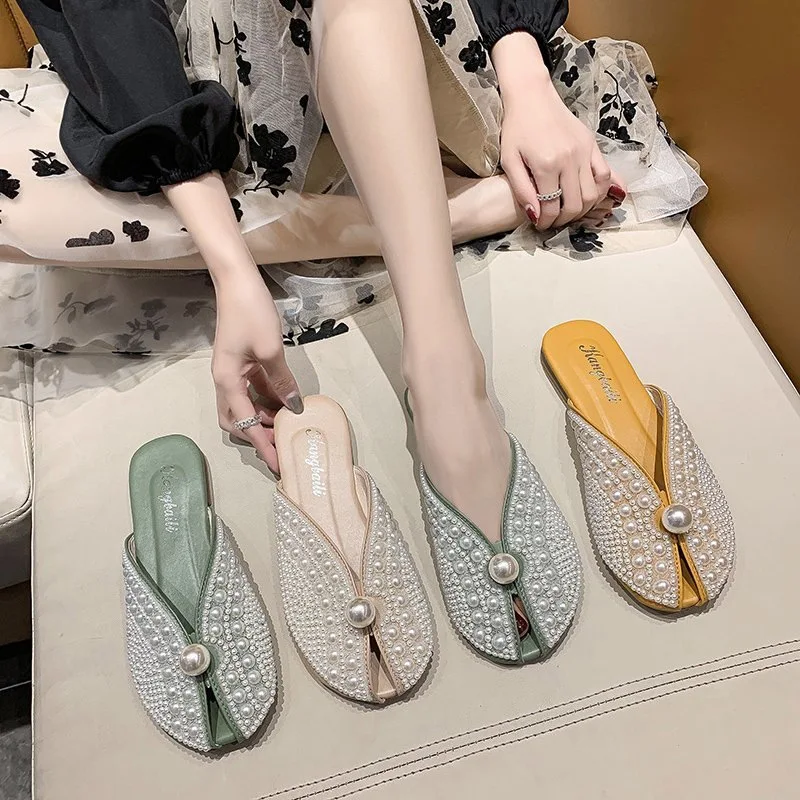 

Slippers Summer New 2025 Fashion Rhinestone Home Women's Mules Shoes Elegant Mirror Luxury Designer Flat Low Sandals Woman House