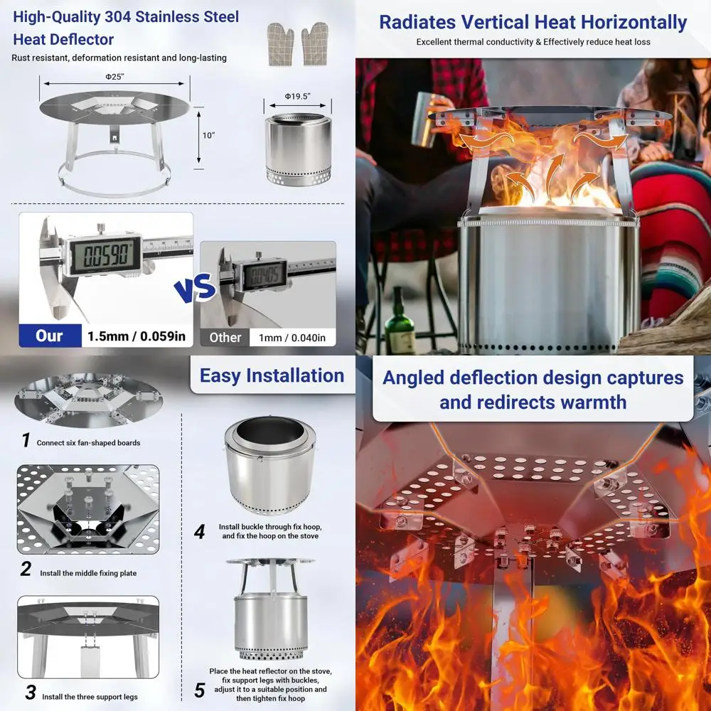 Deflector de calor de acero inoxidable 19,5 para fogones, guantes para parrilla y aro de fijación incluido, reduce el calor para acampar