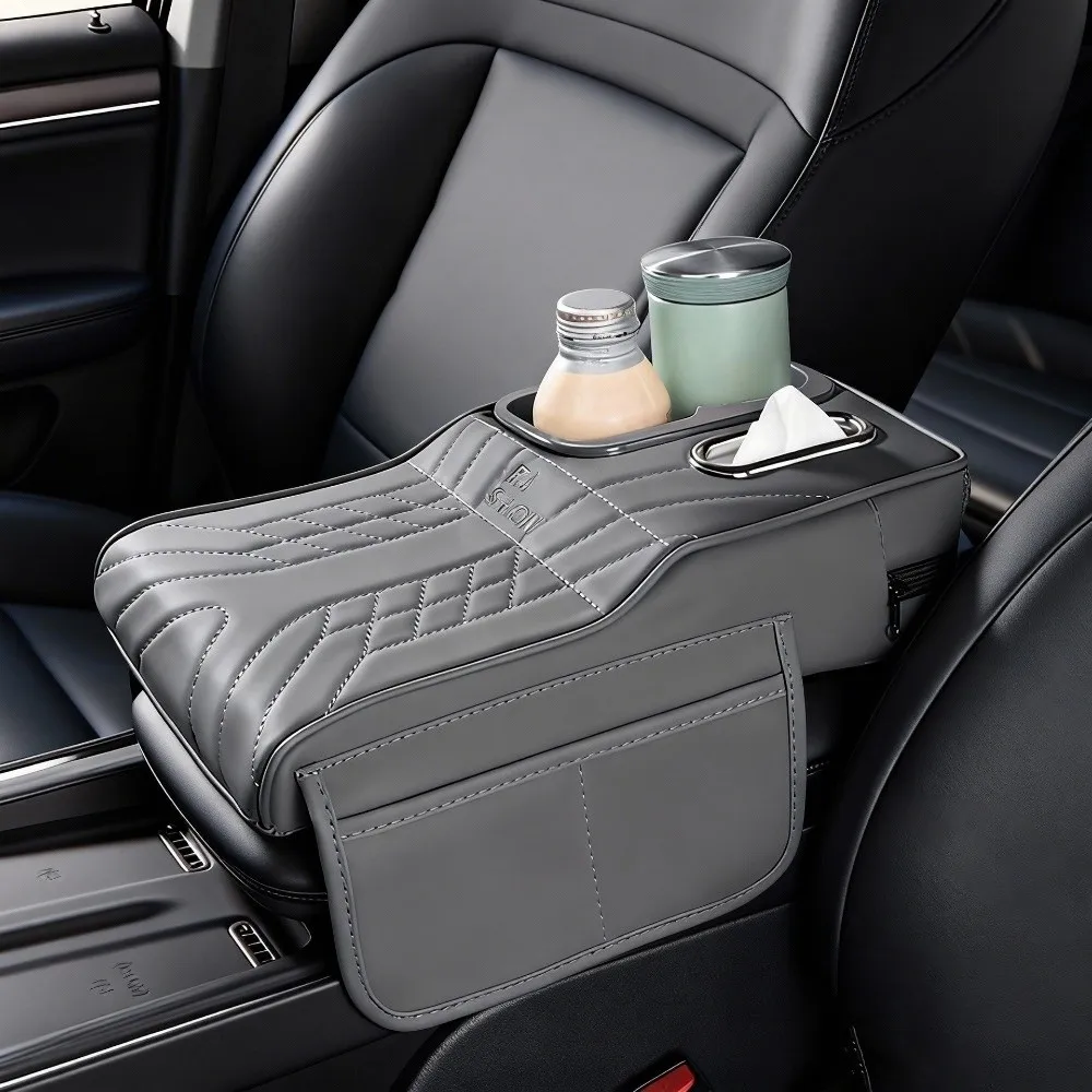 

Портативная подушка-подлокотник для центральной консоли, многофункциональная, из искусственной кожи, с регулировкой высоты, подстаканником и держателем для салфеток