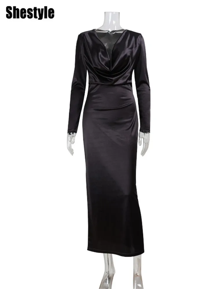 Shestyle Abito lungo con colletto oscillante da donna, manica lunga, elegante, grazioso, solido, scollo a V, materiale lucido, abiti Lady Chic