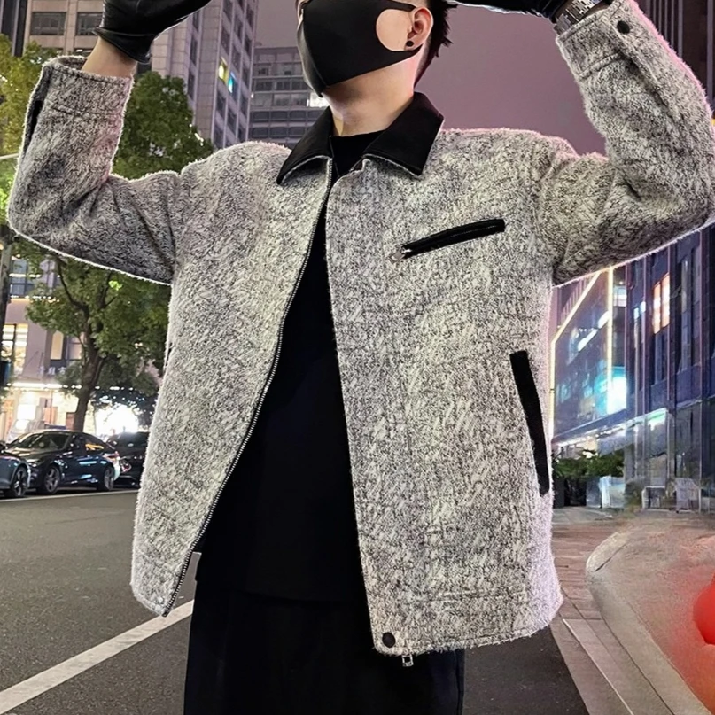 

Winter Zipper Decoration Splicing Leather Lapel Woolen Jacket Thick Warm Casual Coat Business Social Wool Streetwear Overcoat