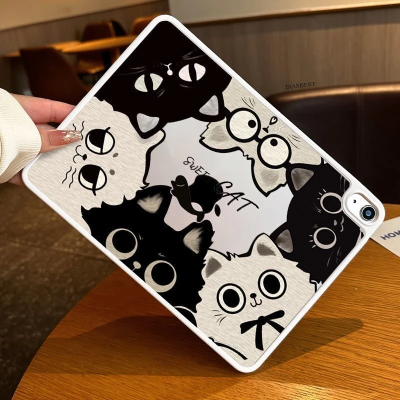 Kawaii Curious Black White Cat Watching Cover For iPad Pro 13 11th M5 M4 12.9 A16 10 8 7 9th 10th Air 11 M2 M3 Mini Tablet Case