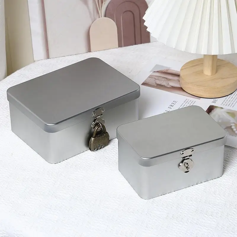 Silver Lockable Tin Storage Box Multifunctional Desktop Storage