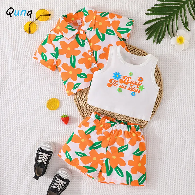 Qunq 2023 Summer Girls Turn Down Collar Print Button Shirt Sleeveless Vest Top+Shorts 2 Pieces Set Casual Kids Clothes Age 3T-8T