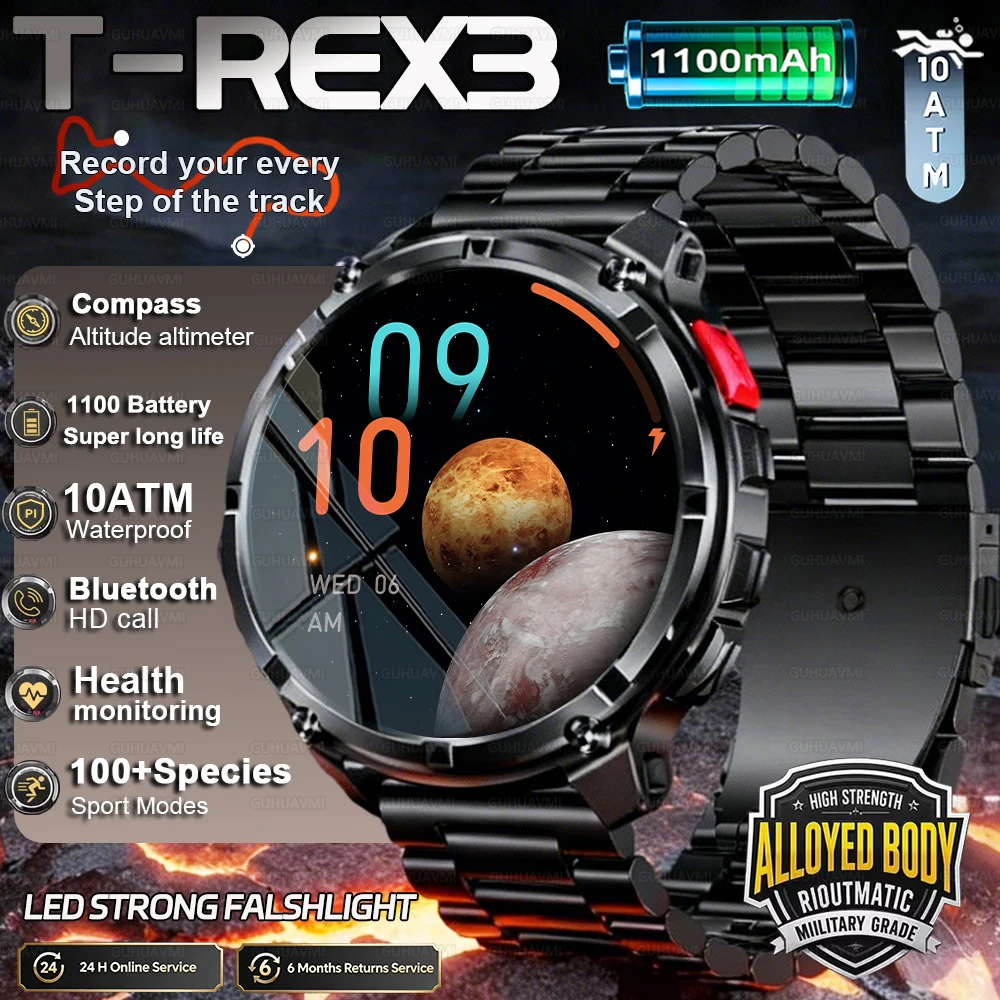 

Лучшие новые умные часы с аккумулятором T-REX3, 1100 мАч, 10 АТМ, водонепроницаемые, GPS, Bluetooth-вызов, 1,7 дюйма, AMOLED HD, спортивный фонарик, умные часы для мужчин